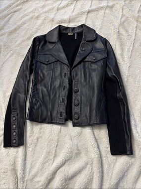 One Girl Who Black Leather Jacket with Knit Sleeve Panels
